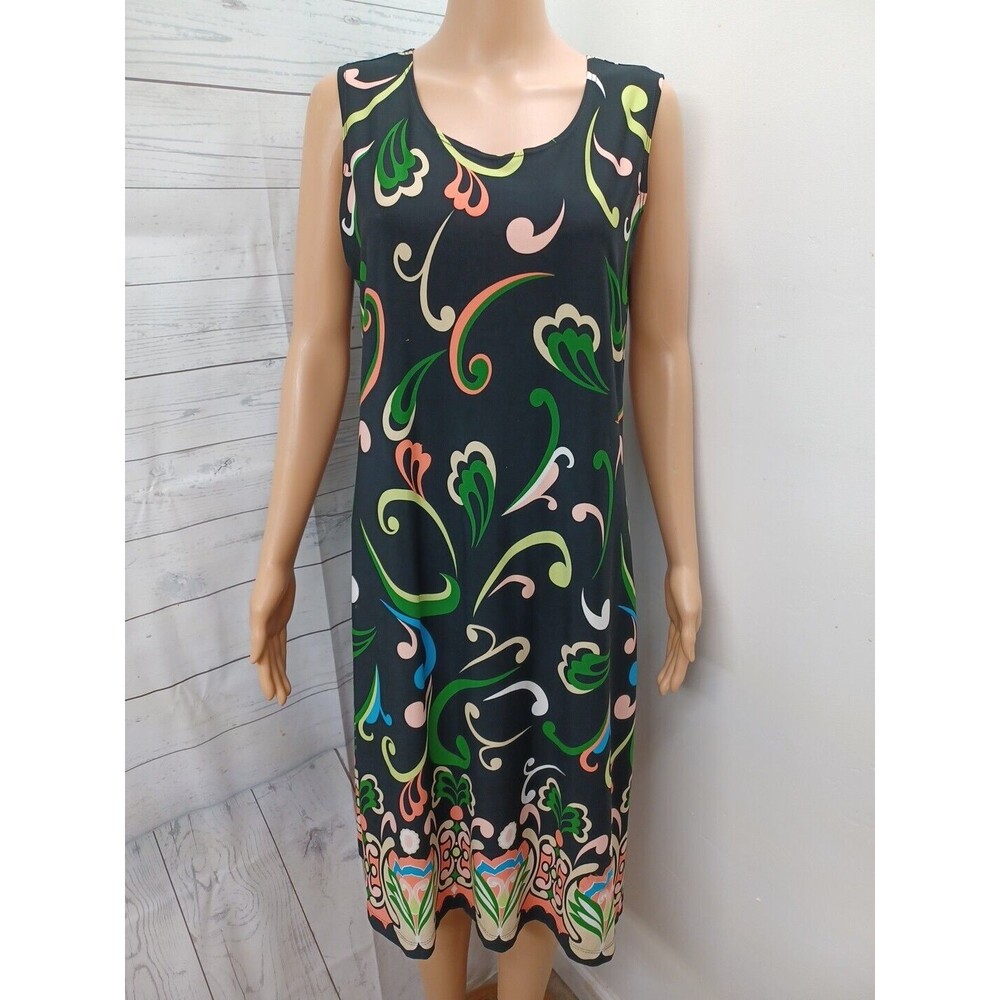 CSC Womens Black Green Dress M USA Made Vacation Travel Comfort Stretch Artsy